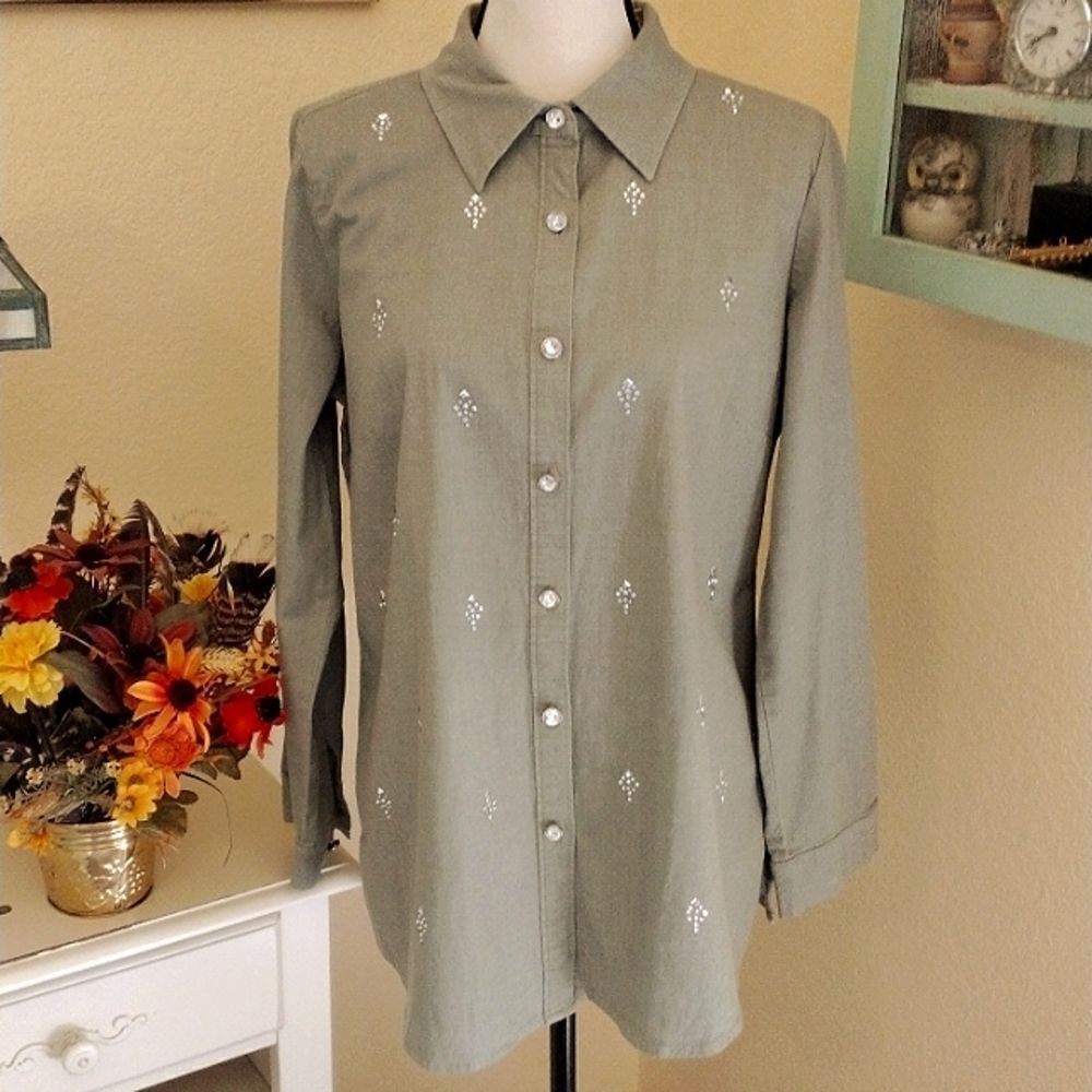 Quacker Factory Sage Embellished Button-Up Top - image 1